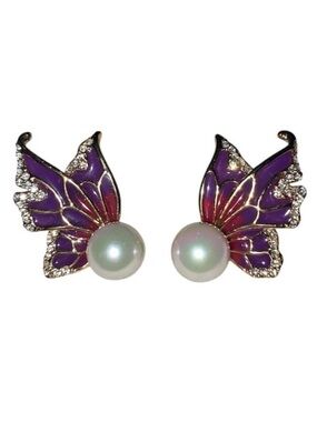 Enamel Butterfly purple pink Gold faux Pearl Earrings Fairy core fancy Glam